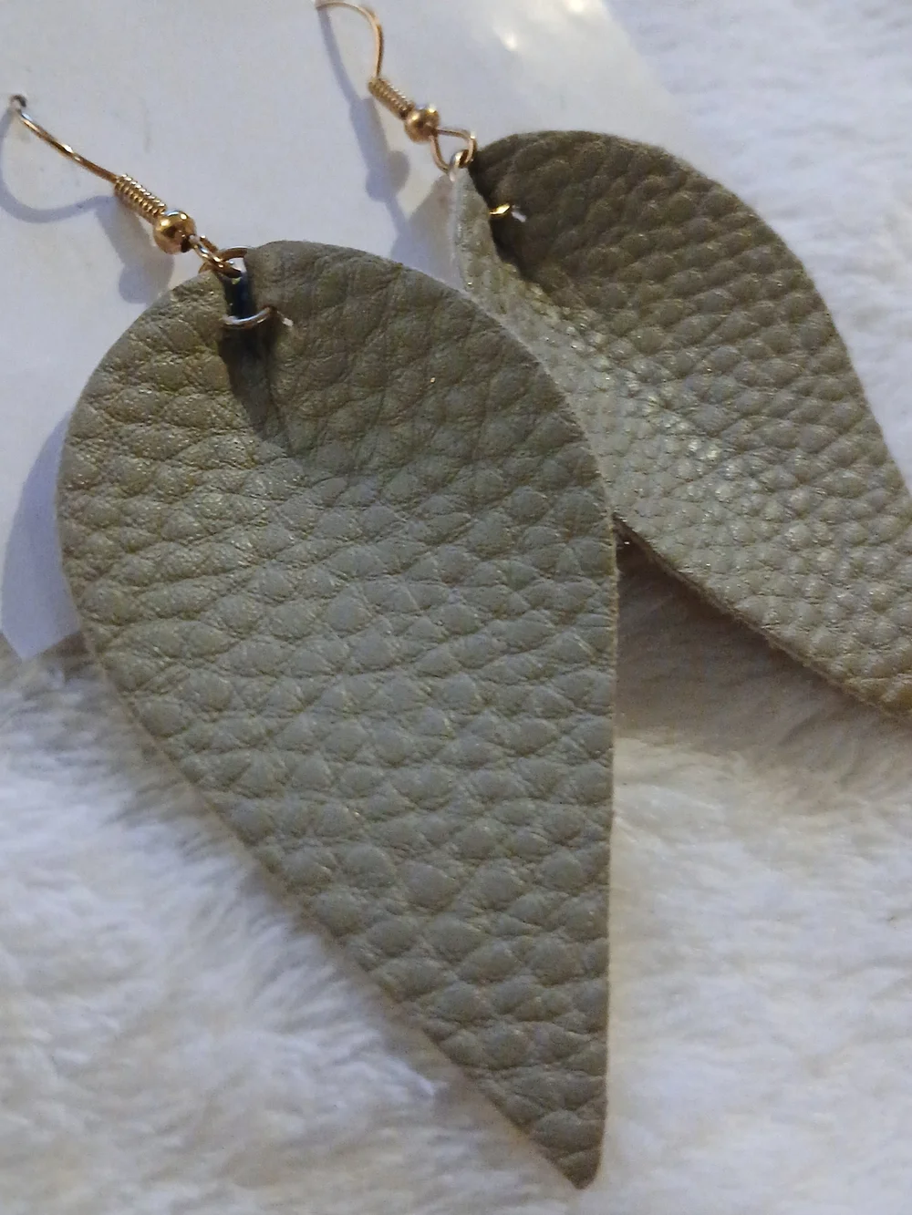 Raw Leather Teardrop Dangle Earrings - Olive/Beige & Gold Tones
